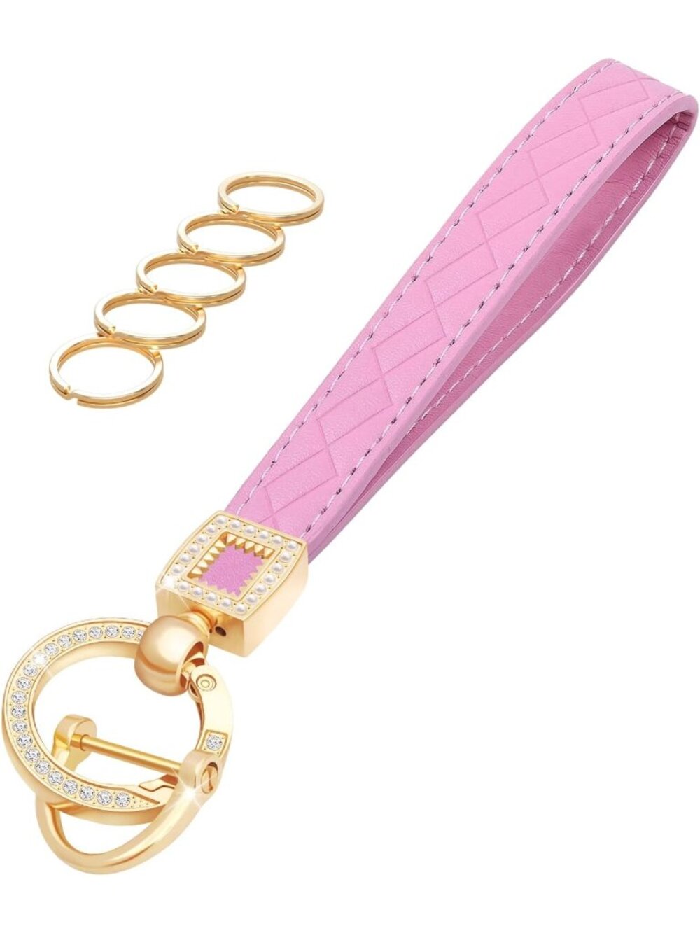 Women's Pink Car Keys loop Cross-hatched Key Holder Leather Wristlet Keychain